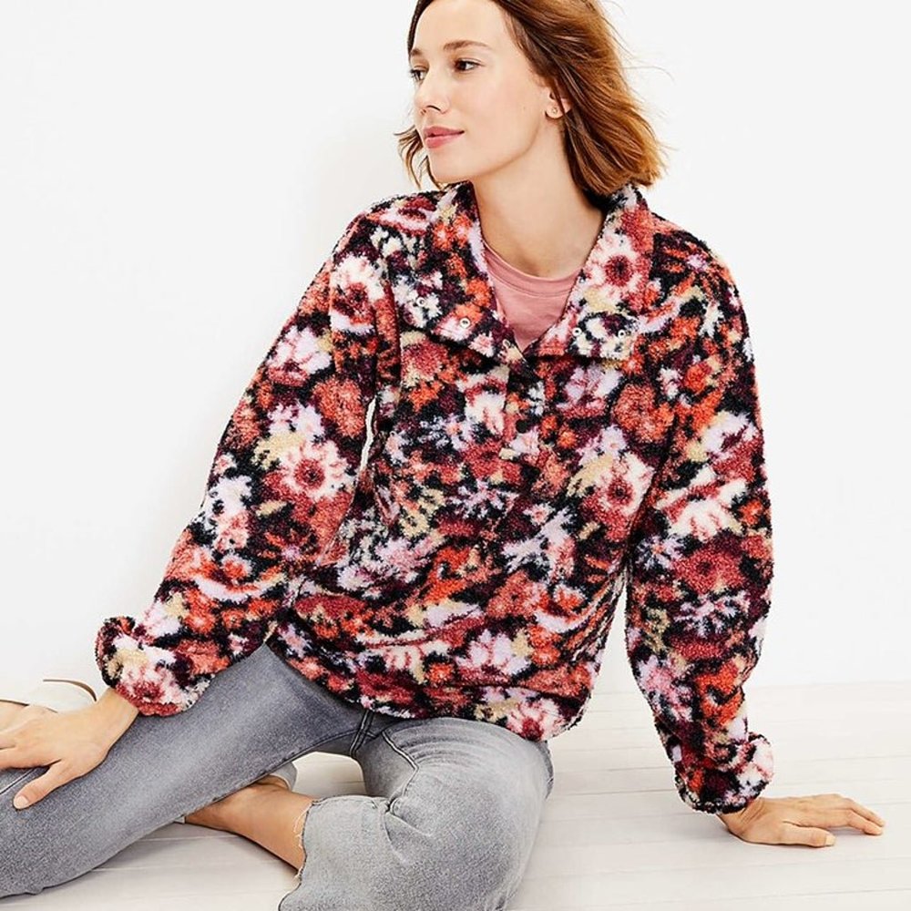 LOFT Floral Sherpa Snap Collar Top in Pink Champagne